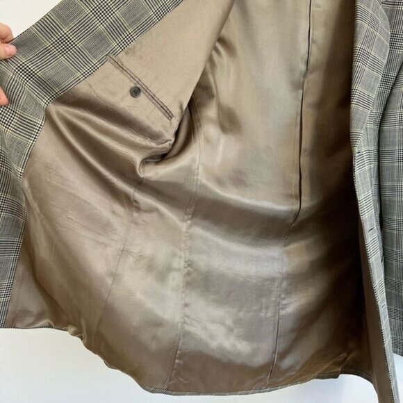 Vintage Gingham Plaid 40L Tall Vintage Wool Blazer Sports Coat Jacket Neutral - Picture 4 of 15